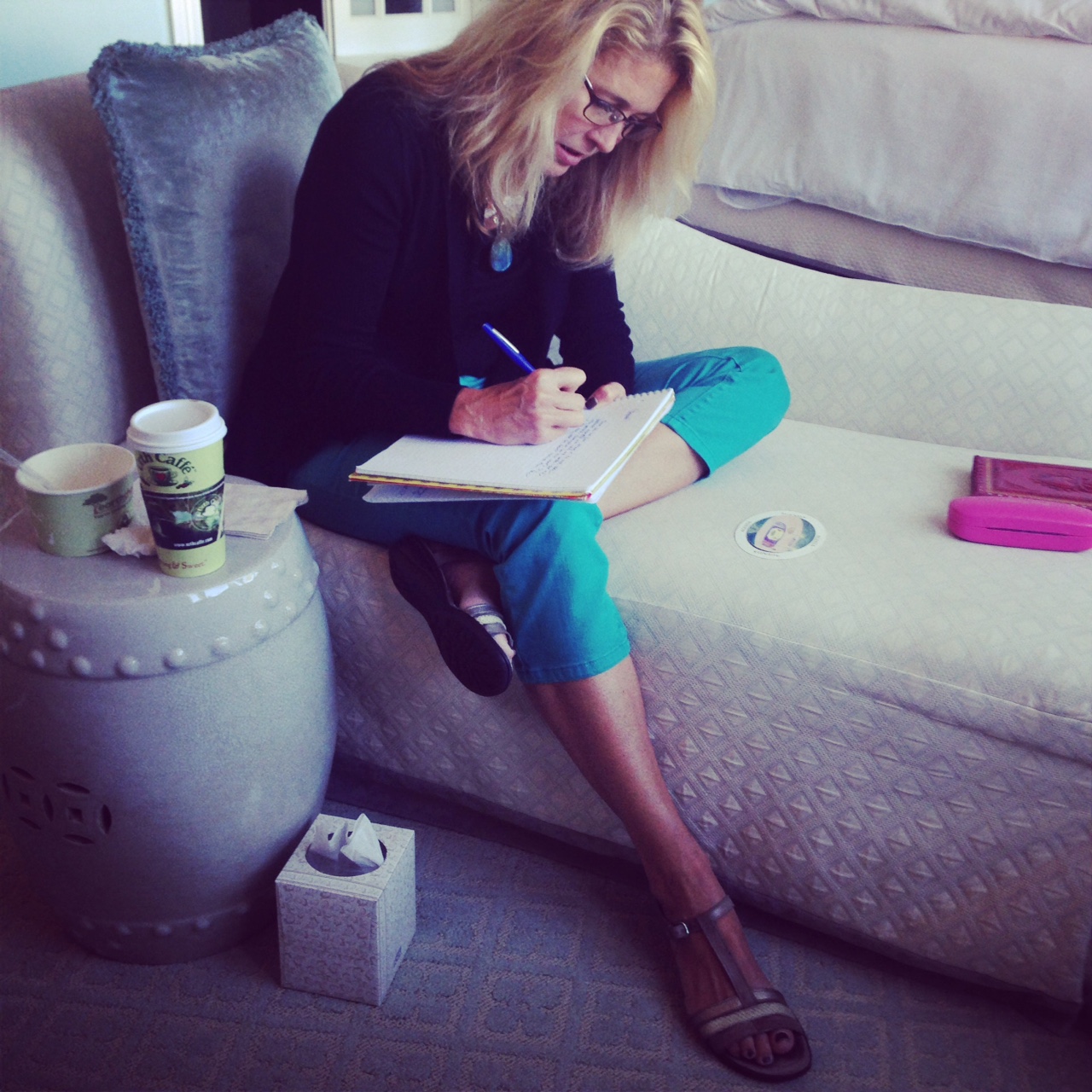 Michele Writing. Michele Brown at Casa del Mar hotel. Santa Monica beach, CA. 